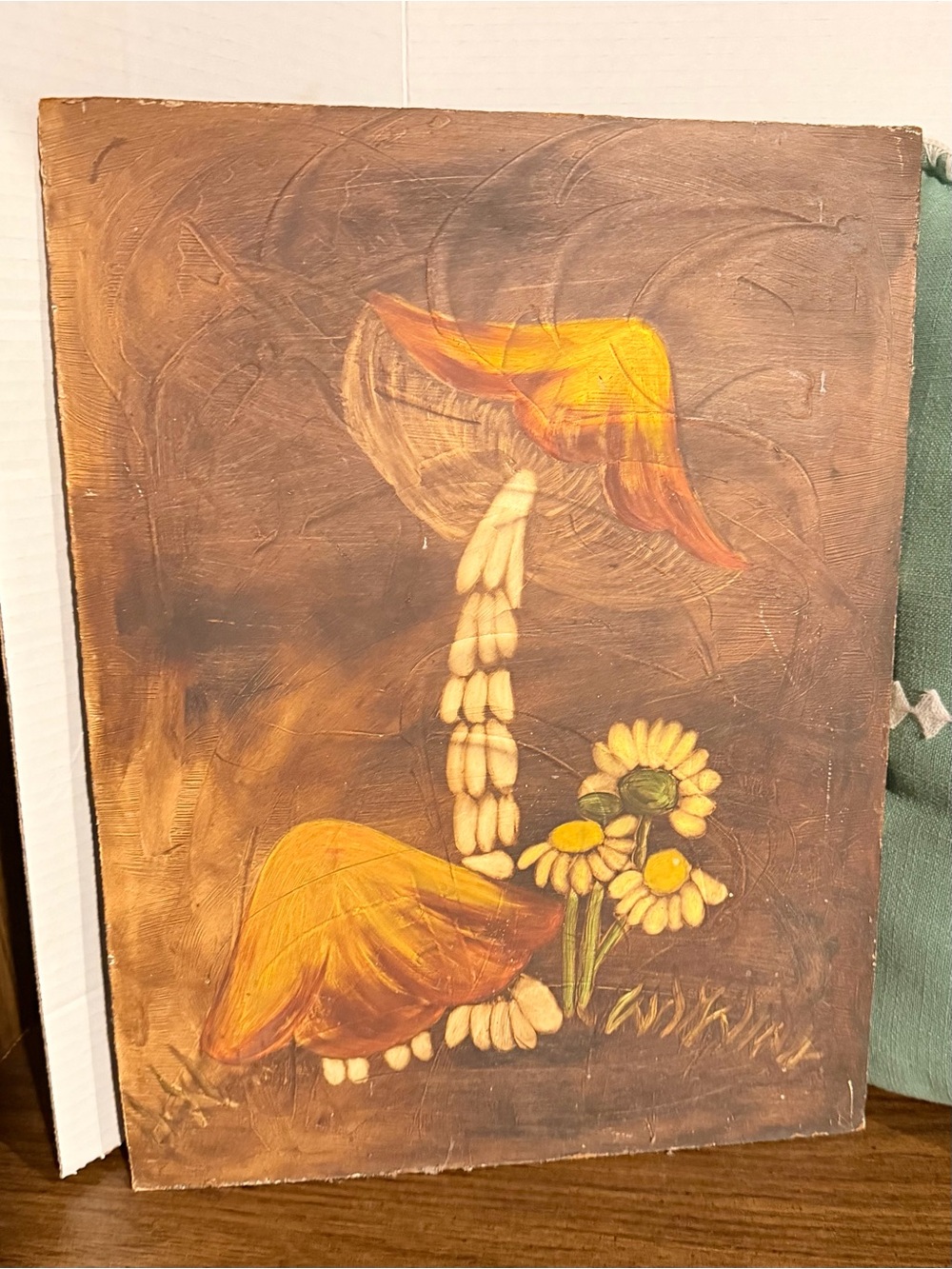 A vintage one of a kind mid-century textured wood painting of mushrooms.